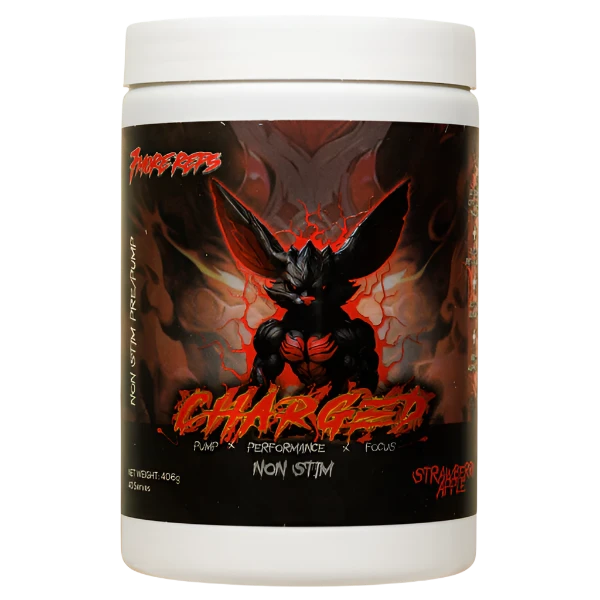 A container of Charged by 7 More Reps non-stimulant pre-workout supplement, featuring a devilish character illustration in red and black colors.