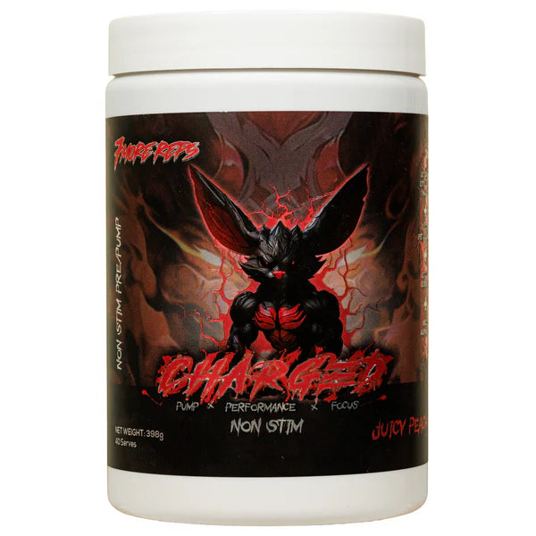 Charged by 7 more reps. non stimulant pre workout. Juicy peach flavour