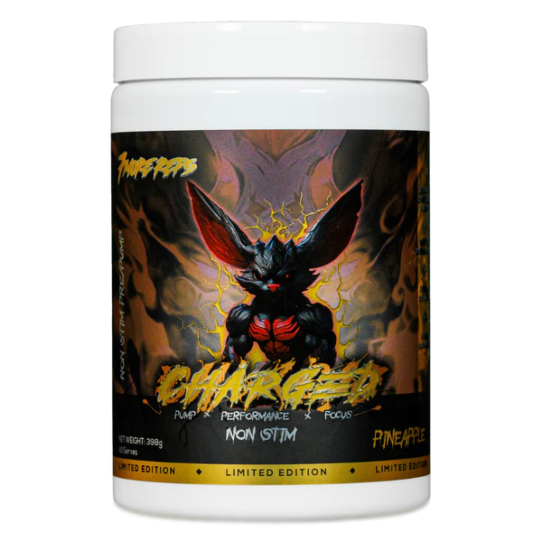 Charged by 7 more reps. Non stimulant pre workout. pineapple flavour