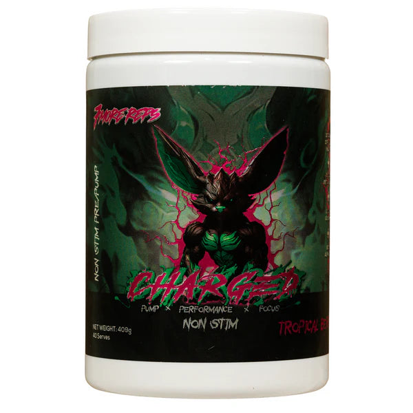 Charged by 7 more reps. Non stimulant pre workout. Tropical berry flavour