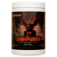 A container of Charged by 7 More Reps non-stimulant pre-workout supplement, featuring a devilish character illustration in red and black colors.