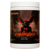 A container of Charged by 7 More Reps non-stimulant pre-workout supplement, featuring a devilish character illustration in red and black colors.