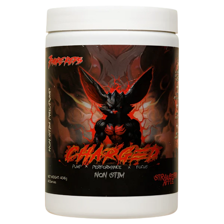 A container of Charged by 7 More Reps non-stimulant pre-workout supplement, featuring a devilish character illustration in red and black colors.
