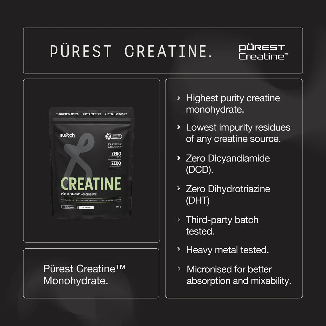 Purest HASTA Certified Creatine Monohydrate by Switch Nutrition